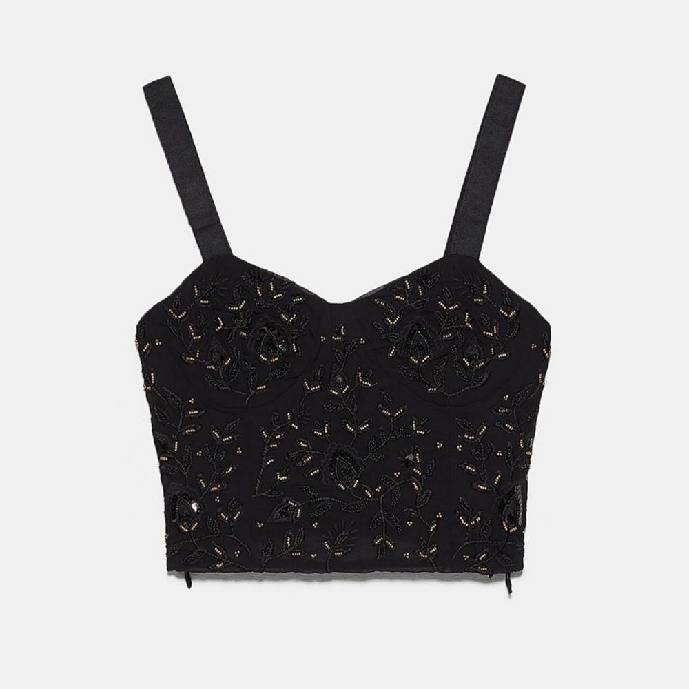 ZARA black beaded & sequins embellished cropped cami top women's size small - Picture 1 of 8